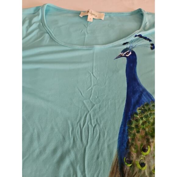 Colletta Womens Blouse Multicolor Size Small Peacock On Front 3/4 Sleeve - Picture 6 of 12